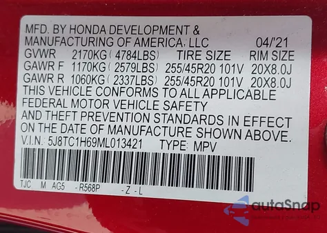 2021 Acura Rdx A-Spec Package z USA, uszkodzony, nr VIN 5J8TC1H69ML013421
